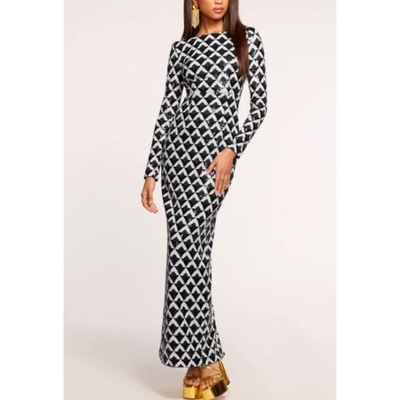 Ramy Brook Celia Sequin Maxi Dress In Black Checkmate - Picture 1 of 15